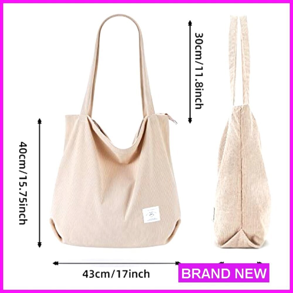 Corduroy Tote Bag Zipper Casual Large Capacity Shoulder Bag with Pockets - Picture 4 of 7